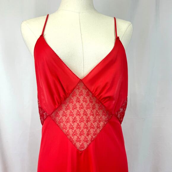 Vintage Stardust Cherry Red Long Maxi Slip Dress Gown Sheer Lace Mesh Low Back M - Picture 4 of 11